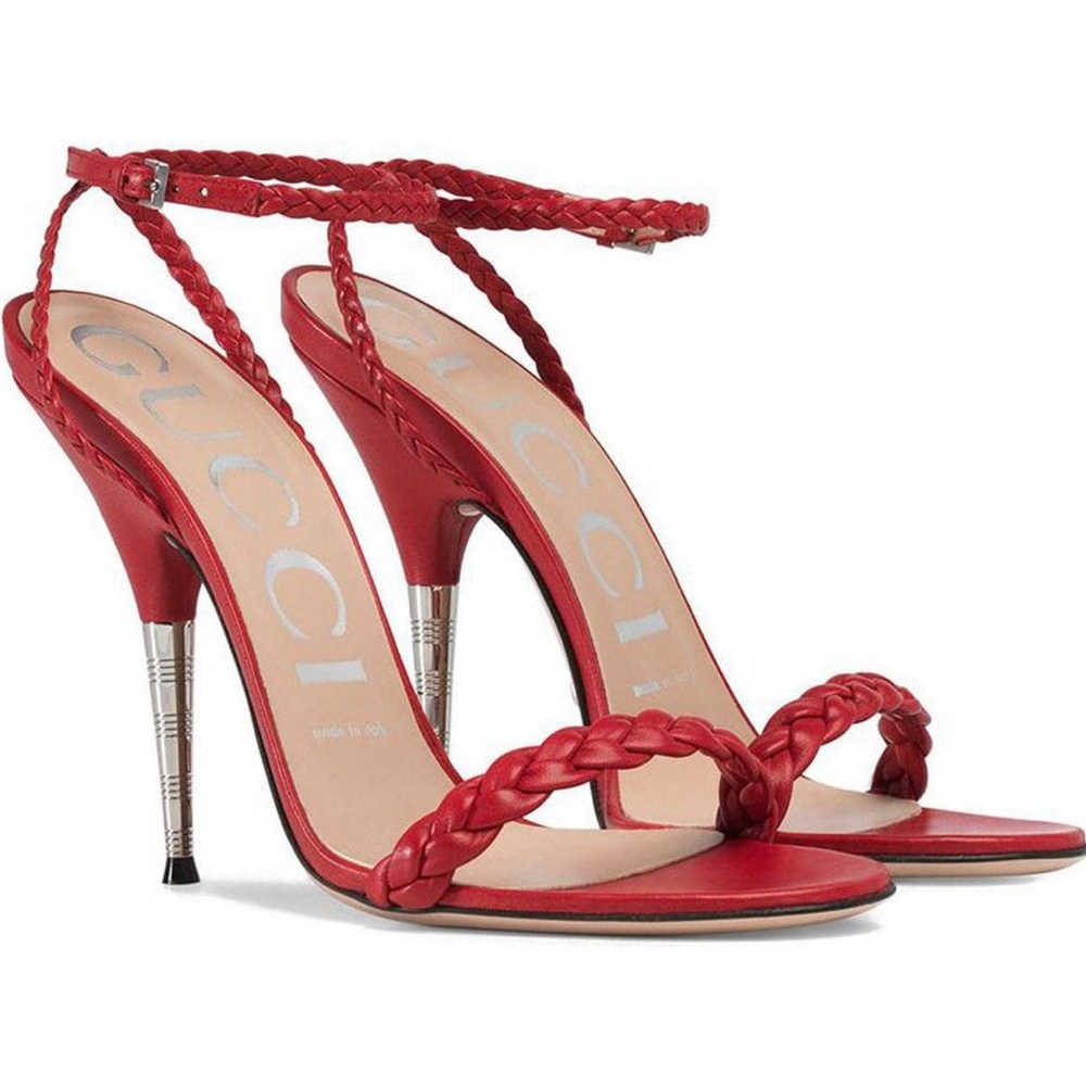 Gucci Red Heels with Strappy Design and Metallic Stiletto